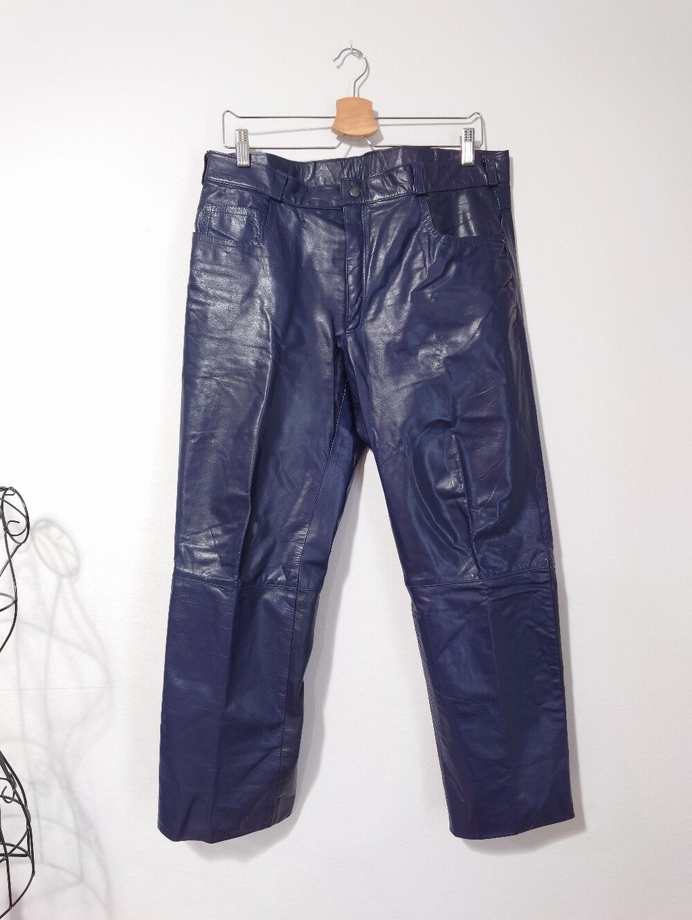 Vintage Genuine Leather Pants Blue High Waist Tapered Leg Size M